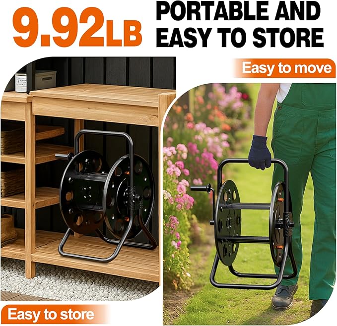 Metal Garden Hose Reel, Portable Outdoor Floor Stable Water Pipe Holder Freestanding, Holds 100-150 Ft of Hose Storage Capacity, UV Resistance, Hose Winder for Outside, Irrigation, Cleaning