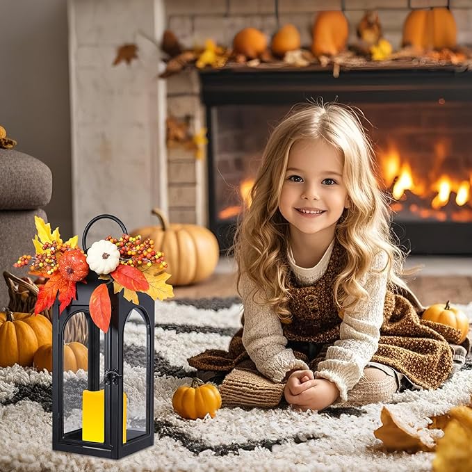BDOR 2 Pack Fall Lanterns Decor with LED Candle – 16" Stainless Steel & Tempered Glass Lanterns with Harvest Pumpkin Maple Leaf – Premium Thanksgiving Centerpiece for Indoor Outdoor Use