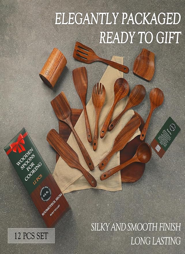 12-Piece Teak Wood Wooden Utensil Set with Spoon Holder & Rest – Non-Stick, Heat Resistant, Durable Cooking Tools – 100% Natural, Food-Safe & Eco-Friendly Kitchen Gadgets