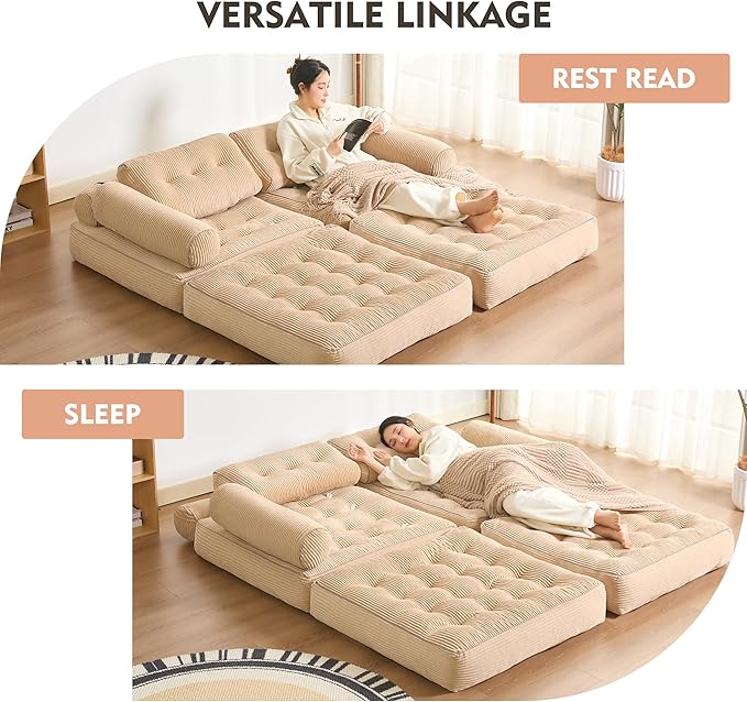 Plus Futon Sofa Bed for Small Spaces, Floor Couch with Armrest, Folding Sofa Couch, Convertible Sleeper Chair Bed with Pillow, Portable Comfy Floor Lounge for Living Room and Bedroom, Camel