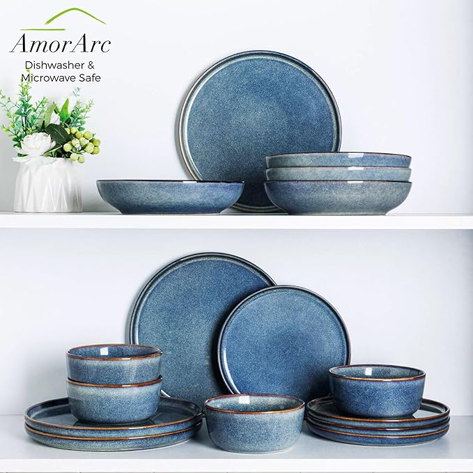 AmorArc Ceramic Dinnerware Sets for 4,Round Reactive Glaze Stoneware Plates and Bowls Set,Highly Scratch Resistant Dishware | Dishwasher & Microwave Safe Dishes Set,Service for 6 (18pc)