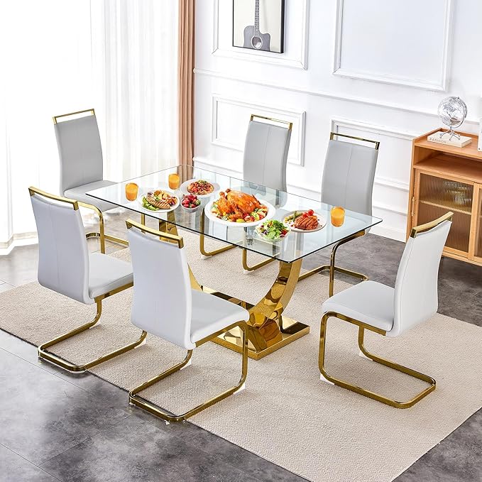 63” Glass Dining Table Set for 6,Gold Dining Room Table Set for 6,Modern Kitchen Table and PU Leather Chairs for 6, Dinner Table with Rectangle Tempered Glass Top and Golden Base