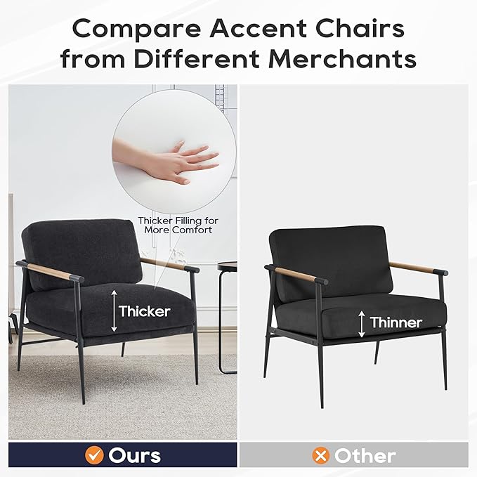 Accent Chair Mid Century Modern Armchair for Living Room,Bedroom,Office,Lounge Comfy Chenille Upholstered Soft Removable Washable Cushions and Pillows,Metal Wood-Grain Armrest Legs,Black