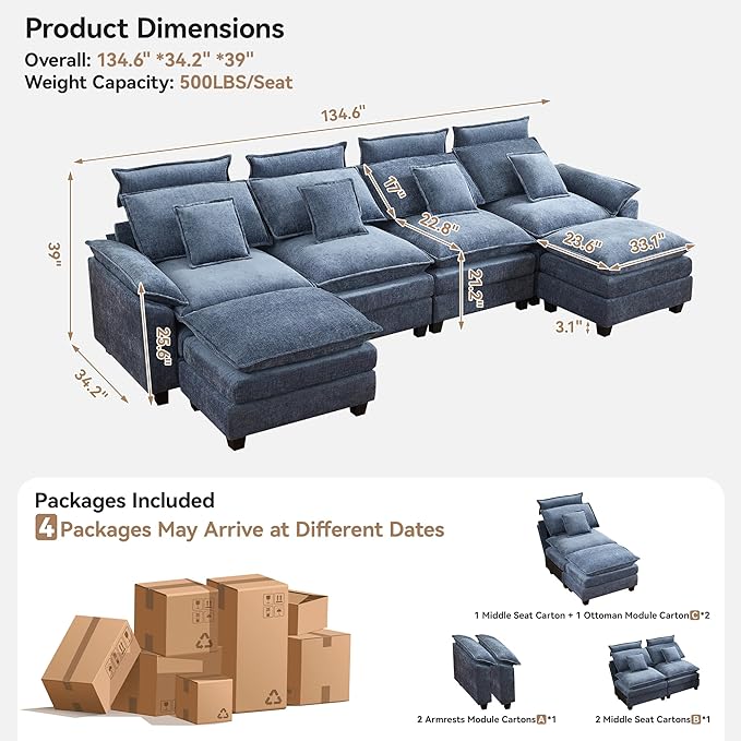 134'' Cloud Modern 4 Seater Couch with Detachable Headrest, Modular Sectional Sofa with 2 Ottoman, Oversized U Shape Chenille Comfy Sofa with Armrests for Living Room, Blue