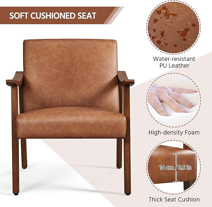 Yaheetech PU Leather Accent Chair, Mid-Century Modern Armchair with Solid Wood Legs, Reading Leisure Chair with High Back for Living Room Bedroom Waiting Room, Set of 2, Brown
