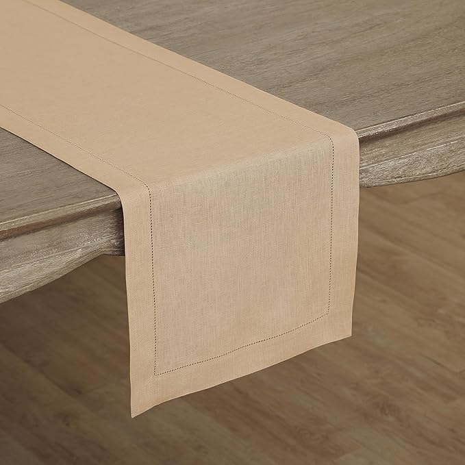 Solino Home Linen Hemstitch Table Runner 60 Inches - 100% Pure Linen Beige Table Runner 14 x 60 Inch Ideal for Dresser and Coffee Tables - Fall, Autumn, Thanksgiving, Christmas - Classic Hemstitch