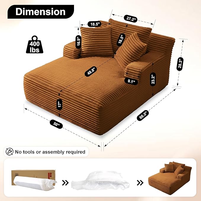Boneless Couch Sofa Chiar Chaise Lounge Chair Indoor Upholstered Corduroy Couch Cloud Sleeper Sofa Oversized Reading Chair for Living Room No Assembly Required (Orange, 50" W x 67" D)