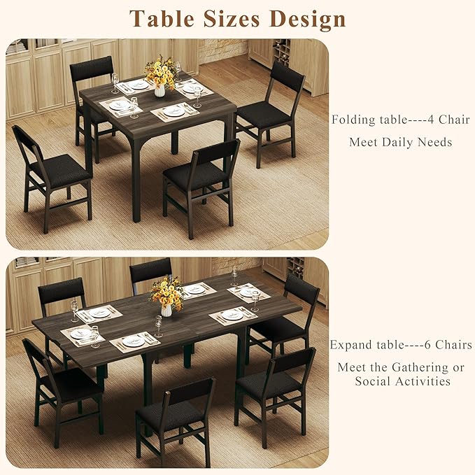 7-Piece Dining Table Set for 4-6, Extendable Kitchen Table Cushion Chairs Set of 6 with 6 Chairs, Rectangle Dining Table with Metal Frame & MDF Board, Folding for Small Apartment Saving Space,Grey Oak