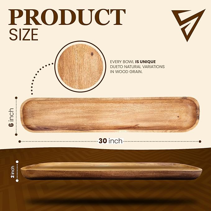 Wooden Dough Bowl - 30'' x 6'' x 3'' - Hand Carved Solid Wood Decorative Tray, Rustic Farmhouse Style, 5.0 oz Capacity - Gift Box Included