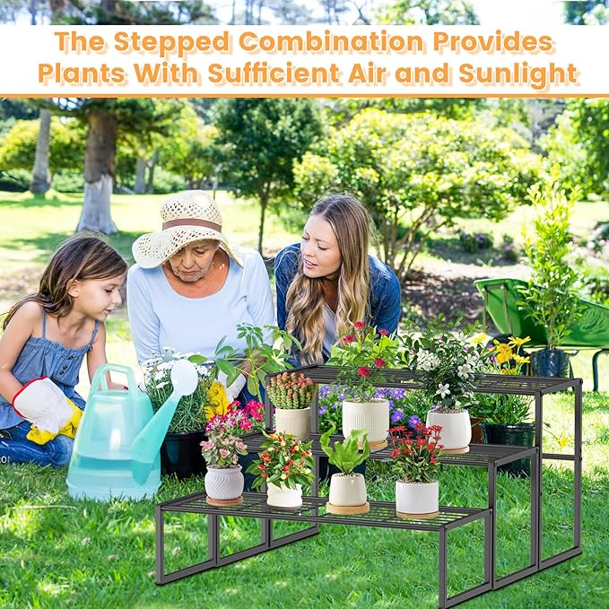3 Tier Metal Plant Stand Indoor Outdoor, Potted Multiple Flower Pot Holder Rack Plant Shelf, Heavy Duty Planter Display Shelving for Patio Balcony Garden Living Room Decorative (3 Tier- Black)