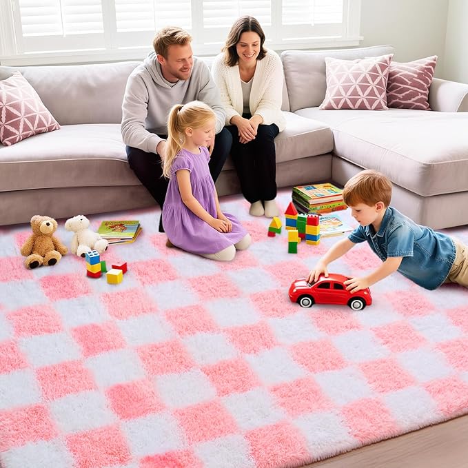 Checkered Rug for Living Room 8x10, Ultra Fluffy Fuzzy Shag Large Area Rug for Bedroom, Modern Plush Soft Upgrade Non-Slip Carpet for Kids and Girls Room Dorm Home Decor, Pink and White