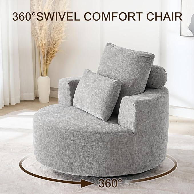 Furnimart Oversized Barrel Accent Chair, 360° Swivel Round Upholstered Sofa, Chenille High-Resilience Sponge, No Assembly Wide Seat for Living Room, Bedroom, Apartment(Gray)