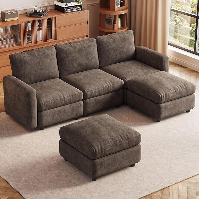 5-Seat Modular Sectional Sofa Couch with Ottoman Storage, Convertible Sleeper Sofas for Living Room Bedroom Apartment, Comfy Brown Cloud Futon Lounge Couches Furniture Set