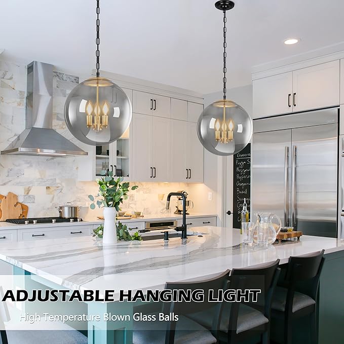 KoKo&Yukina 13.7 Inch Globe Pendant Light Adjustable Gold Globe Pendant Lights Kitchen Island Mid Century Light Fixture with Grey Glass Shade for Living Room