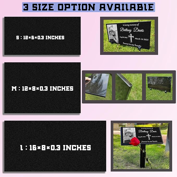Personalized Headstone with Photo, Memorial Stone, Headstones for Graves, Grave Markers, Black Granite Garden Stone, Memorial Plaques for Outdoor, Grave Decoration for Cemetery (Picture left)