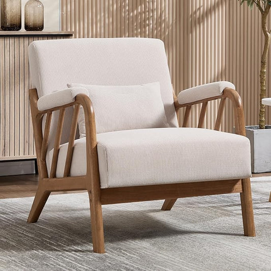 ANJ Mid Century Modern Accent Chair，Living Room Chairs with Wood Frame &Lumbar Pillow, Upholstered Reading Armchair for Bedroom