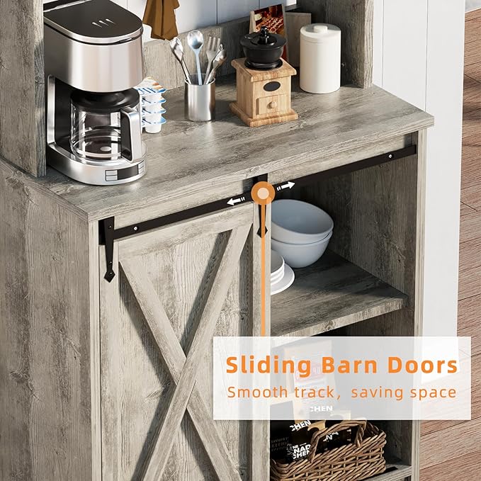 Farmhouse Coffee Bar with 3 Tier Storage Hutch, 56 Inch Small Coffee Station with 6 Hooks, Corner Bar Table with Adjustable Shelves for Living Dining Room (Grey)