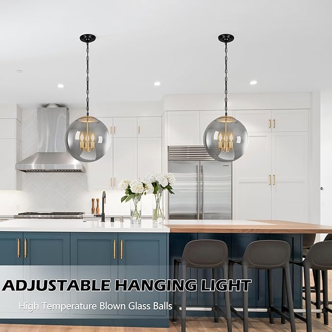 KoKo&Yukina 13.7 Inch Globe Pendant Light Adjustable Gold Globe Pendant Lights Kitchen Island Mid Century Light Fixture with Grey Glass Shade for Living Room