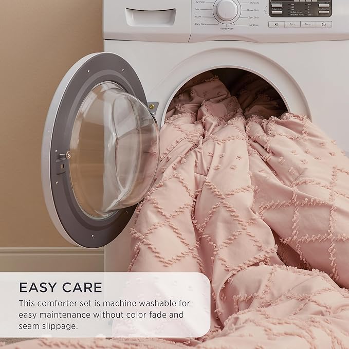 Bedsure Queen Comforter Set - Coral Pink Comforter, Boho Tufted Shabby Chic Bedding for Kids, 3 Pieces Vintage Farmhouse Bed Set for All Seasons, Fluffy Soft Bedding with 2 Pillow Shams