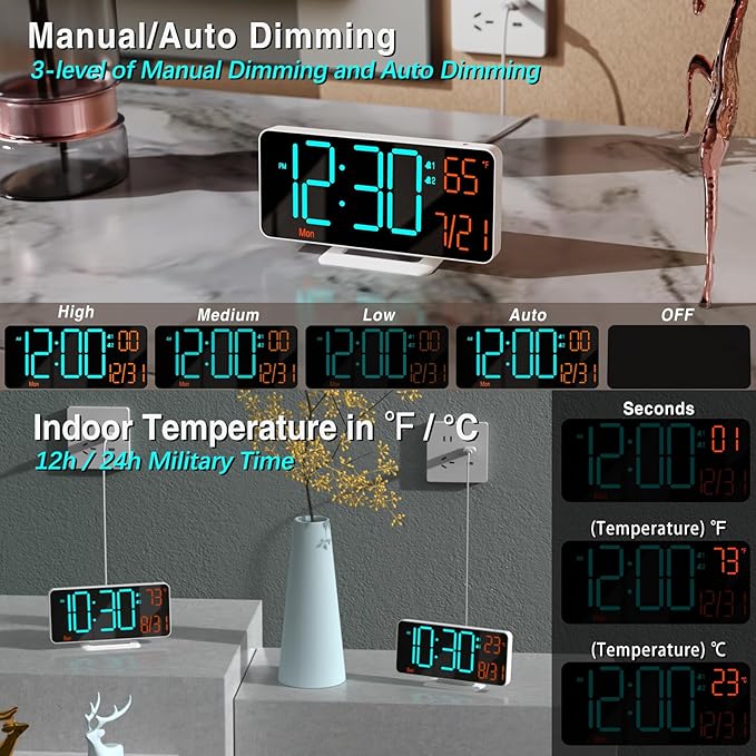 KOSUMOSU Desk Clock, 6.7in Small Digital Clock for Bedroom, Auto Dimming, Room Temperature, Day of The Week, Seconds, Date, LED Clocks for Living Room, Alarm Clocks for Bedrooms