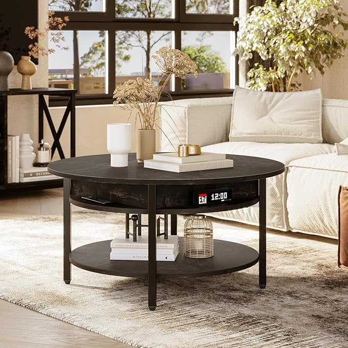 FABATO Round Lift Top Coffee Table with Storage and Hidden Compartment, 26.77'' Farmhouse Coffee Table for Living Room Reception Room, 2 Tier Small Round Coffee Table Circle Dining Table, Black Oak