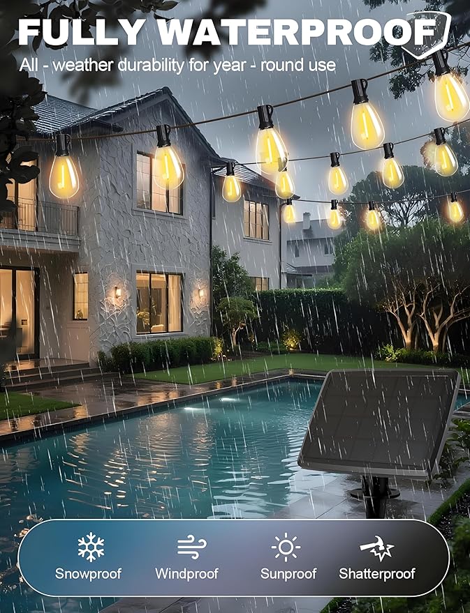 Tenmiro 30FT Solar String Lights Outdoor with Remote and 8+1 LED Shatterproof Bulbs Dimmable & Timing 3 Light Modes Solar Patio String Lights for Cafe, Garden, Deck, Outside Wedding Last for 10+Hrs