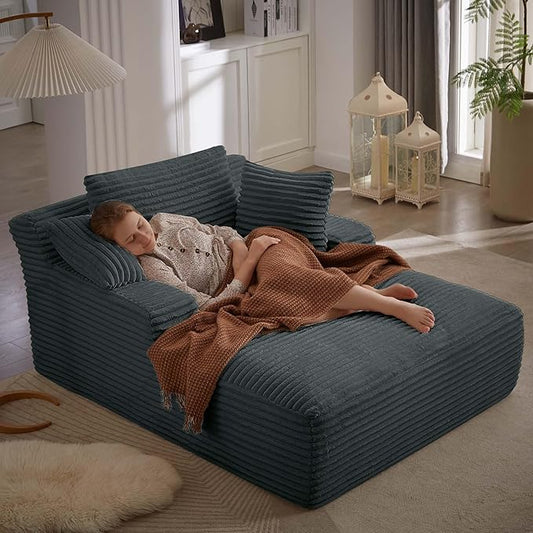 GNIXUU Oversized Chaise Lounge Chair Indoor, Comfy Fluffy Boneless Lounge Sofa Upholstered Sleeper Sofa Couch with Throw Pillows and Armrests, Corduroy Plush Chair Bed for Living Room, Gray