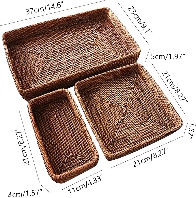 i-lan Set of 3 Handmade Coffee Rattan Rectangle Serving Tray 14" Honey Brown Wicker Serving Organizer Fruit Platter with 2” Wall Long Rectangle Decorative Bathroom Accessories Basket Tray