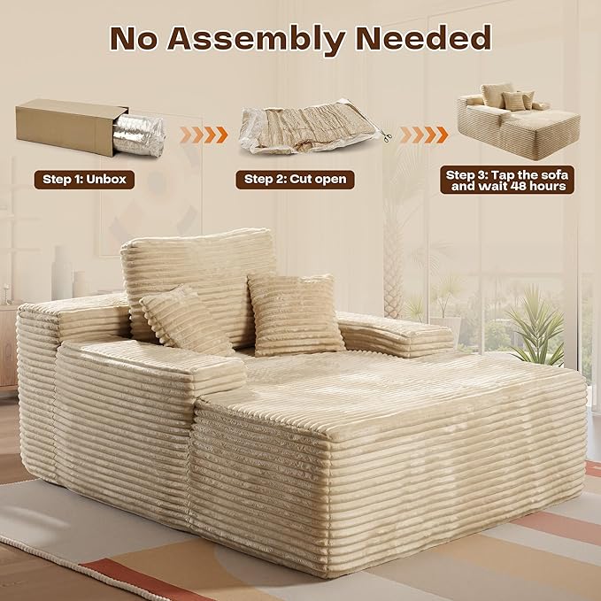 Chaise Lounge Chair Indoor, Oversized Sleeping Couch 67" L * 48.5" W Assembly Free Modern Minimalist Sofa, Extra Deep Large Single Seat Sofa for Living Room (Beige Plush Fabric)