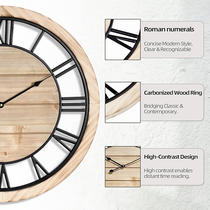 LEIKE 30 Inch Extra Large Wall Clock - Rustic Wooden Nearly Silent Wall Clock with Black Metal Frame, Vintage Farmhouse Decorative for Living Room, Bedroom, Kitchen - Roman Numerals, Modern Design