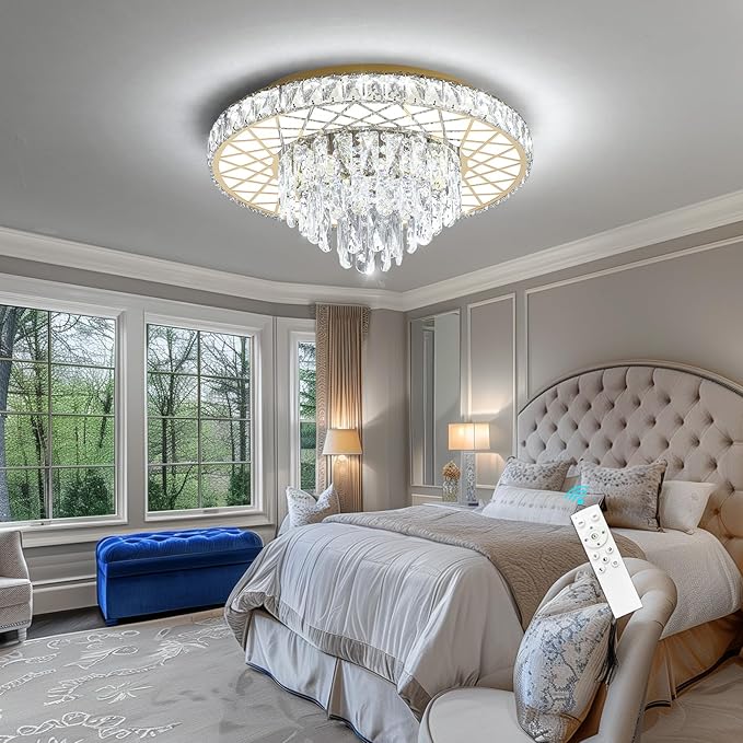 Modern Chandelier Crystal LED Ceiling Chandeliers Light for Bedroom Dining Room with 30W Dimmable Bulbs Gold Lights Fixture