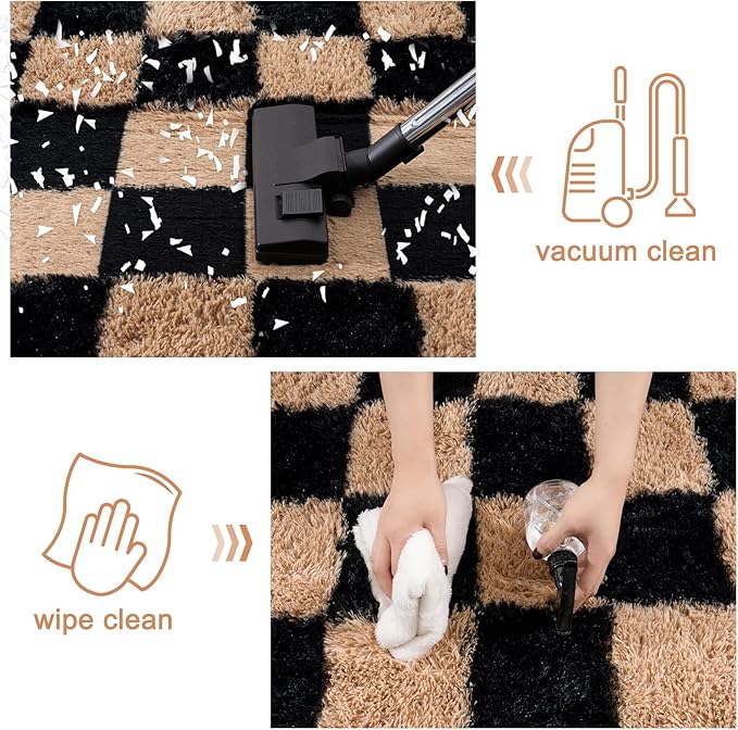 Checkered Rug for Living Room 6x9, Ultra Fluffy Fuzzy Shag Large Area Rug for Bedroom, Modern Plush Soft Upgrade Non-Slip Carpet for Kids Girls and Boys Room Dorm Home Decor, Black and Beige
