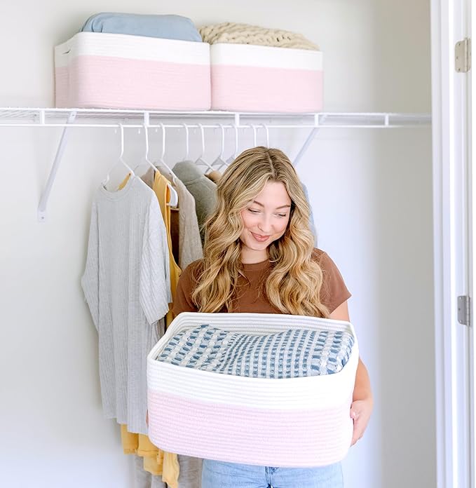 NaturalCozy Storage Baskets 16.8”x13”x7.6” Cotton Rope Woven Baskets for Organizing 3-Pack | Toy Storage Bins | Basket for Shelves, Laundry, Blanket, Clothes, Closet, Kitchen, Bathroom, Gifts