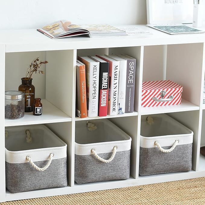TcaFmac Collapsible Storage Bins for Organization - Large 3 Pack Canvas Storage Basket for Shelves, Organizer Baskets for Organizing for Closet Cloth Dog Toy Baby (White & Grey 16x12x8 inch)