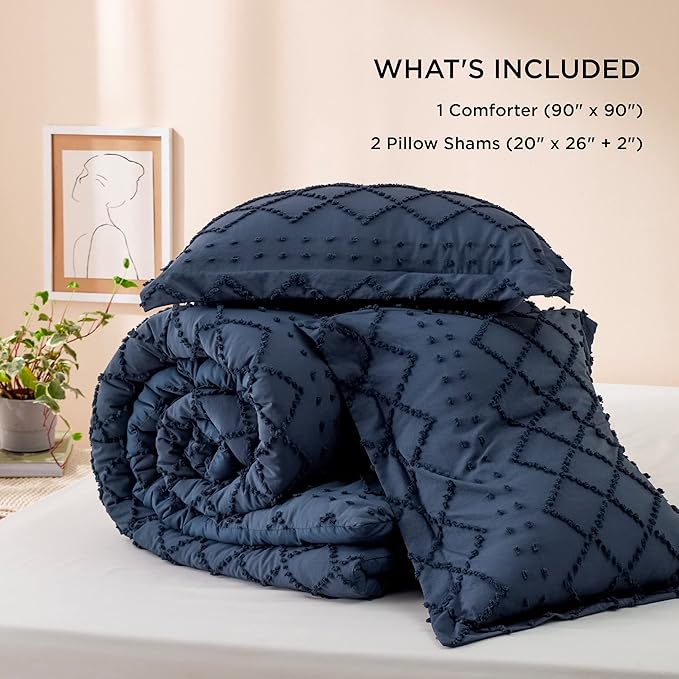 Bedsure Queen Comforter Set - Navy Blue Comforter, Boho Tufted Shabby Chic Bedding for Kids, 3 Pieces Vintage Farmhouse Bed Set for All Seasons, Fluffy Soft Bedding with 2 Pillow Shams