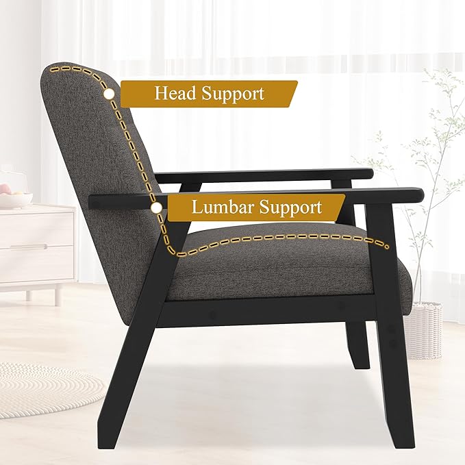 Westice Accent Chair 1PC, Mid-Century Modern Living Room Chairs with Solid Wood Frame & Soft Thicken Cushion, Upholstered Arm Reading Chair for Bedroom, Balcony, Grey Linen Fabric & Black Legs