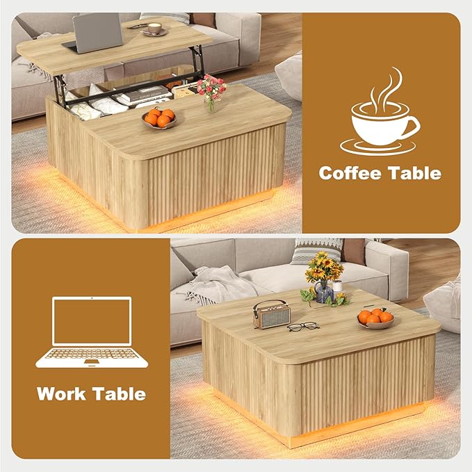 Lift Top Coffee Table with Storage,Wood Square Coffee Tables W/6000-Colors Lighting,Multi-Function Groove Texture Center Table W/Large Hidden Space for Living Room,Bedroom,Home,Office(OAK)