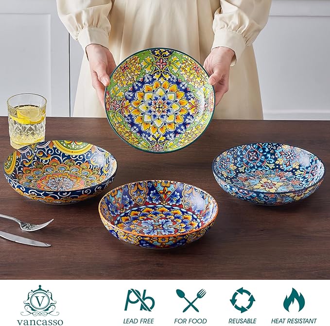 vancasso Pasta Bowls, 42 oz Ceramic Salad Bowls of 4,Large Corlorful Serving Bowls for Kitchen, Dishwasher & Microwave Safe Soup Bowls, Pasta Plates