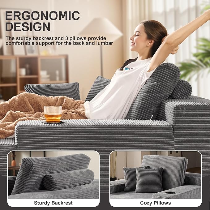 Chaise Lounge Chair Indoor, 67" Oversized Comfy Corduroy Sleeper Sofa Bed with Cup Holders and Wide Armrests, Boneless Upholstered Recliner Bed, Modern Cloud Couch for Living Room, Grey