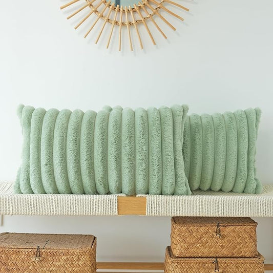 JOJUSIS Pack of 2 Faux Fur Plush Decorative Throw Pillow Covers Couch Cushion Case Soft Pillowcases (Sage Green, 12 x 20-Inch)