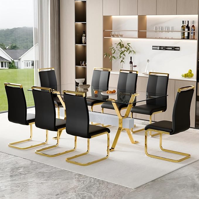 9 Piece Glass Dining Table Set, 79" Modern Dining Table Set for 8, 0.5" Thick Tempered Glass Tabletop with Silver Chrome Metal Legs and Grey Crossbar, 8 PU Chairs for Dining Room, Kitchen
