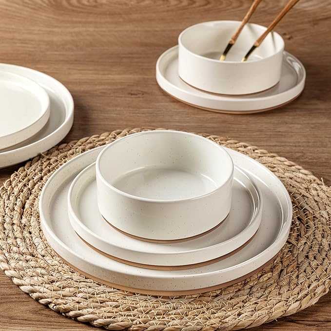 AmorArc Ceramic Dinnerware Set for 8 | Speckled Stoneware Plates and Bowls with Rustic Terracotta Underside| Scratch Resistant,Dishwasher & Microwave Safe Dishes Sets- 24pcs Beige