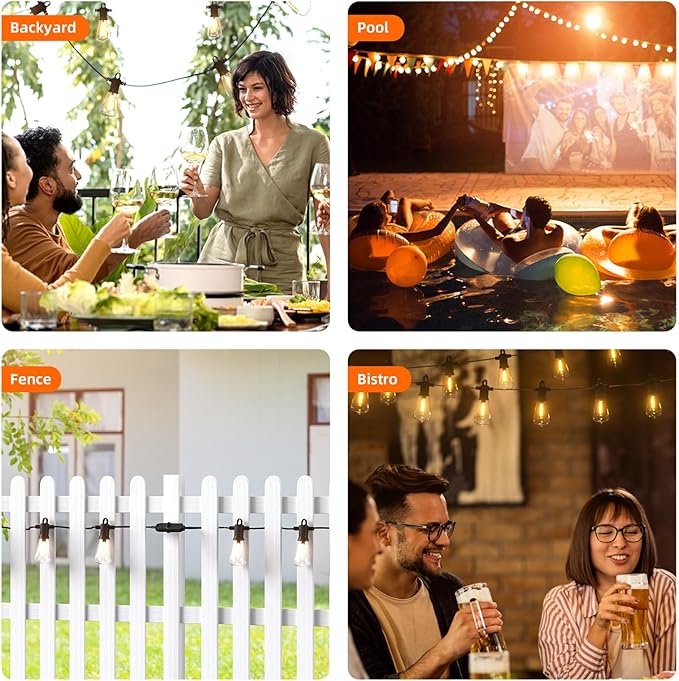 Kawaya Outdoor String Lights 100 FT LED Patio Light - 50+2 Shatterproof Vintage Edison Bulbs - 2700K Dimmable IP65 Waterproof Outside Hanging Lighting for Yard Porch Deck Balcony Bistro Cafe Party