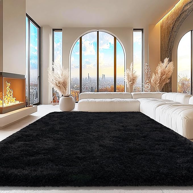 Black Area Rugs for Living Room, 6x9 Fluffy Shaggy Rug Soft Carpets, Rugs for Bedroom Nursery Kids Room Dorm Home Decor Aesthetic