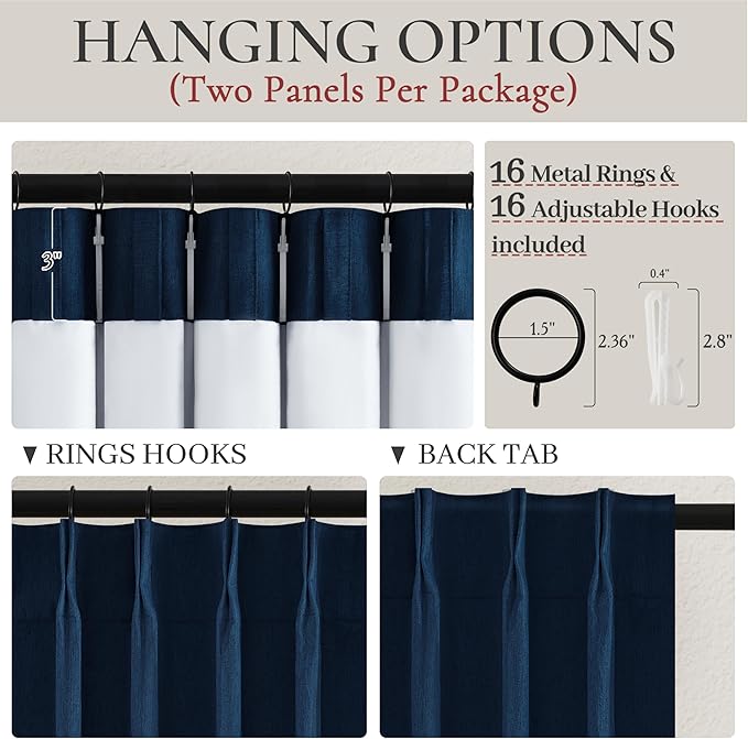 Navy Blue Blackout Curtains 90 Inch Length for Kids/Boys Rooms/Bedroom, Pinch Pleated Drapes with Hooks Viral Linen Thermal Coastal Curtain Dark Blue Window Burg (40" Wx90 Lx 2 Panels)