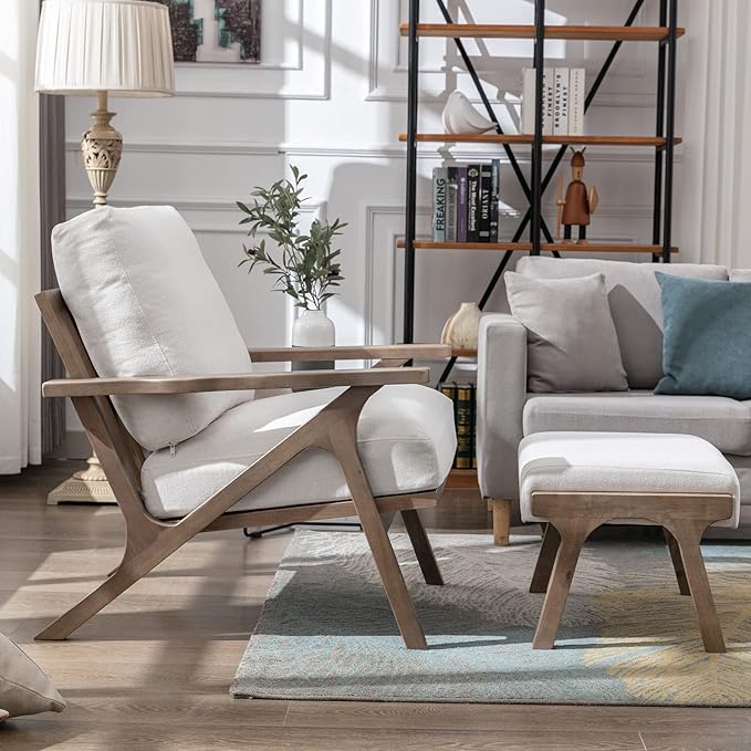 ZHENGHAO Accent Chair with Ottoman, Mid Century Modern Lounge Chair with footrest, Comfy Fabric Armchair Upholstered Living Room Chair for Reading/Bedroom/Small Space, White