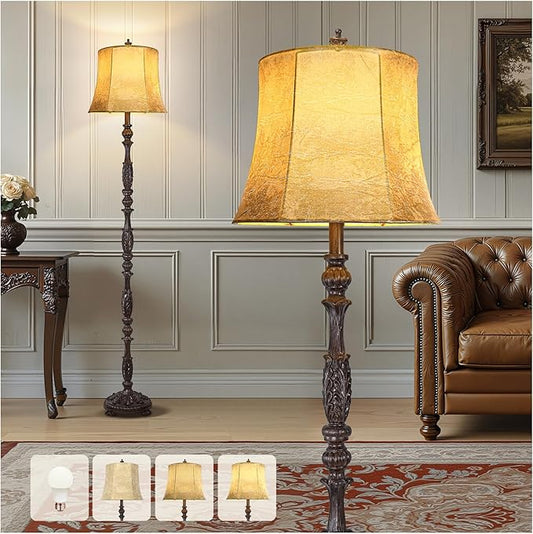 Scenekoy Vintage 66” Tall Floor Lamp for Living Room Bedroom, Retro Resin Carved Standing Lamp with Faux Leather Shade, 3-Way Adjustable Bulb, Rotary Switch Rustic Corner Light for Home Decor