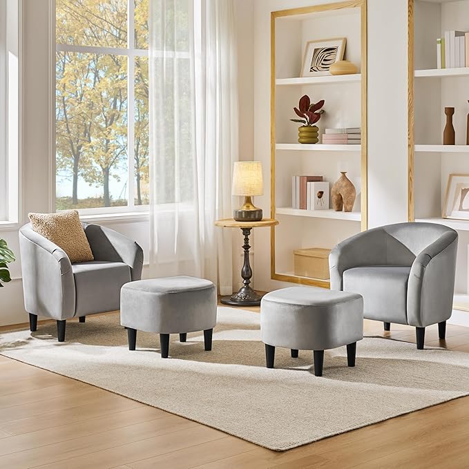 Yaheetech Accent Chair with Foot Rest, Mid Century Modern Upholstered Soft Barrel Chair Comfy Fabric Armchair and Footrest Set for Living Room/Bedroom/Reading Room, Gray, 2pcs