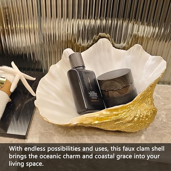 Medium Pearl White Gold Scalloped Clam Shell Bowl Sea Shell Decor for Nautical Beach House,Coastal Decor Gift of Housewarming and Wedding Party