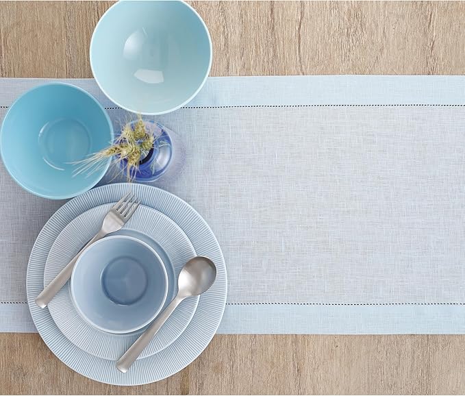 Solino Home Linen Light Blue Table Runner 36 Inches - Classic Hemstitch, 100% Pure Linen Coffee Table Runner 14 x 36 Inch Ideal for Dresser Tables